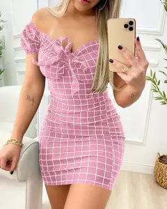 Vestido de verão sexy pacote nádegas saia curta de vestido de impressão de grade transfronteiriça