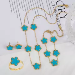 4 pçs pulseira colar brincos anel de aço inoxidável cinco folhas flor conjunto jóias clássico para mulher nova moda jóias trevo - GT SHOP
