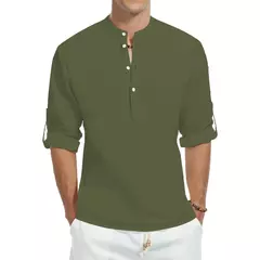 Imagem do Camisas casuais, camisas masculinas de algodão soltas, camisetas elegantes de manga comprida com gola alta e cor sólida, tops finos e bonitos