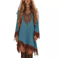 Imagem do Moda boêmia com decote em v vestidos de manga longa nova primavera borla retalhos vestido feminino padrão vintage impresso solto vestido curto