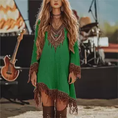 Moda boêmia com decote em v vestidos de manga longa nova primavera borla retalhos vestido feminino padrão vintage impresso solto vestido curto - comprar online