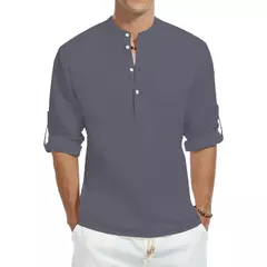 Imagem do Camisas casuais, camisas masculinas de algodão soltas, camisetas elegantes de manga comprida com gola alta e cor sólida, tops finos e bonitos