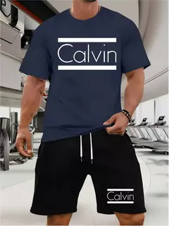 Conjunto de camiseta e shorts masculinos verão casual solto e elegante calvin carta impressão confortável em torno do pescoço de manga curta camiseta - GT SHOP