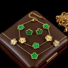 Ganemly 316l aço inoxidável branco flor de ameixa planta folha flor conjunto reversível colar brincos pulseira feminino trevo jóias - comprar online