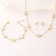 3 pçs/set sorte cinco pétalas flor colar pulseira brincos conjunto para mulheres elegante trevo moda festa jóias presentes acessórios - GT SHOP