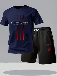 Conjunto de camiseta e shorts masculinos verão casual solto e elegante calvin carta impressão confortável em torno do pescoço de manga curta camiseta - comprar online