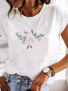 Imagem do Roupas femininas verão t gráfico camiseta casual impressão moda flor aquarela roupas de manga curta