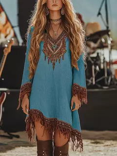 Moda boêmia com decote em v vestidos de manga longa nova primavera borla retalhos vestido feminino padrão vintage impresso solto vestido curto - comprar online