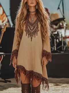 Moda boêmia com decote em v vestidos de manga longa nova primavera borla retalhos vestido feminino padrão vintage impresso solto vestido curto