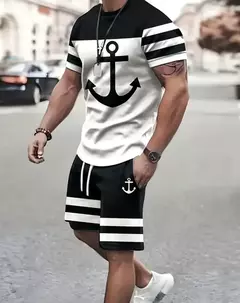 Conjunto masculino padrão de âncora marinho 3d impresso verão ao ar livre manga curta camiseta + calças de duas peças esportes casuais plus size conjunto masculino - GT SHOP
