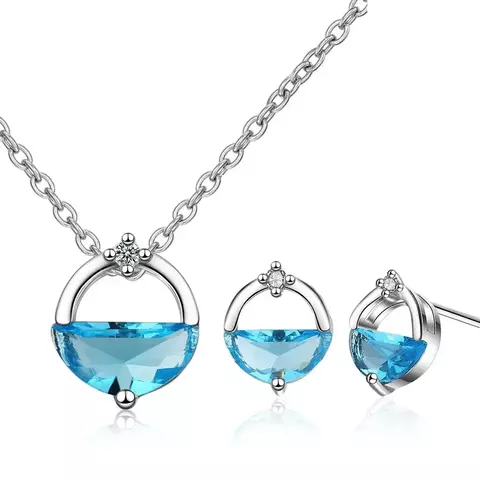 925 Sterling Silver Blue Crystal Jewelry Set para mulheres, brincos de casamento elegantes, colares acessórios
