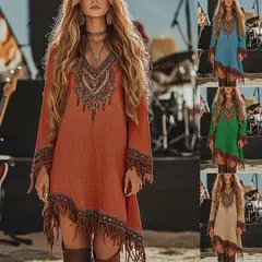 Imagem do Moda boêmia com decote em v vestidos de manga longa nova primavera borla retalhos vestido feminino padrão vintage impresso solto vestido curto