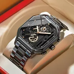 Imagem do Moda casual negócios masculino relógio de quartzo high-end data automática grande mostrador quadrado relógios de banda de aço inoxidável para presentes do homem