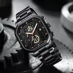 Moda casual negócios masculino relógio de quartzo high-end data automática grande mostrador quadrado relógios de banda de aço inoxidável para presentes do homem