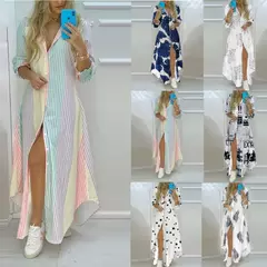 Mulheres boho impresso camisas longas vestido de verão turn-down colarinho manga longa vestido de festa feminino casual noite maxi vestidos