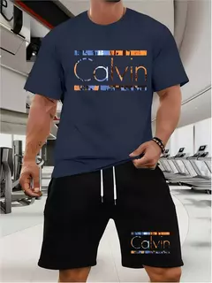 Conjunto de camiseta e shorts masculinos verão casual solto e elegante calvin carta impressão confortável em torno do pescoço de manga curta camiseta - loja online