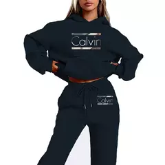 Imagem do Conjunto de duas peças com estampa de moda outono e inverno: suéter elegante de lounge com mangas compridas e forro de lã, além de jogging com cordão
