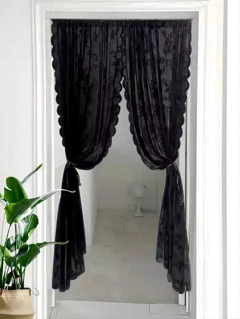 1pc cortina de porta com design de flor de renda, cortinas com bolso de haste, adequada para decoração de casa