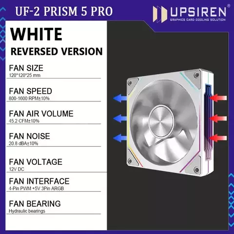 UPSIREN UF-2 PRISM 5 PRO 12CM ARGB Ventilador de chassi de computador de grande volume de ar versão regular/versão reversa Seleção de modo duplo