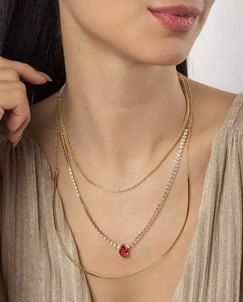 Trio de colares dourado gota vermelha