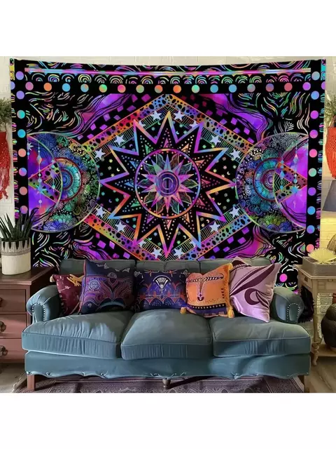 , tapeçaria psicodélica boêmia hippie neon, estética do qua