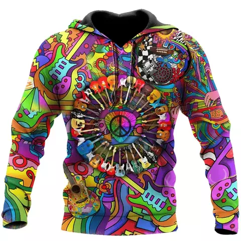 Hippie colorido trippy psicodélico incrível guitarra hoodies 3d impresso molet