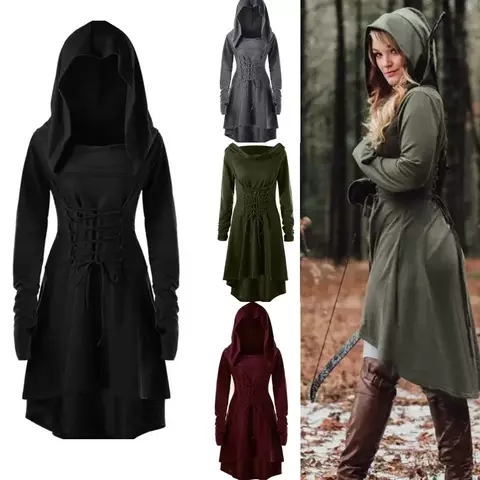 Fantasia medieval de archer renascentista, robe com capuz, pulôver longo com ca