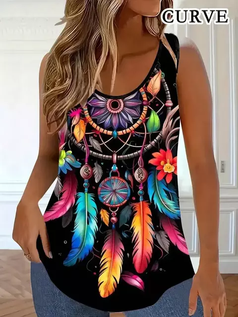 Plus size 1xl-5xl feminino casual verão pena impressão sem mangas regatas senh