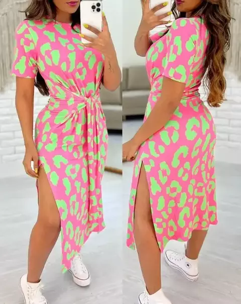 Vestidos femininos 2025 verão nova moda leopardo impressão em torno do pescoç