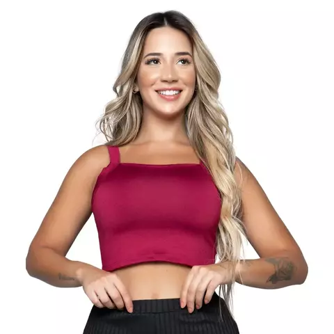 Top Cropped Alça Grossa Feminino Vinho Decote Reto Roupa Casual Confortável Ca