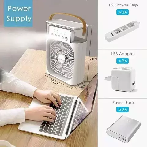 Climatizador portátil FreshAir Cooler USB, de mesa, mostrando dimensões e opções de fonte de energia
