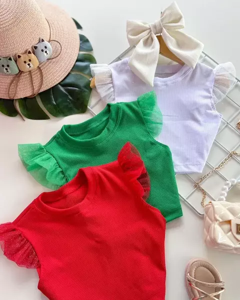 Cropped Canelado Verde com tule - comprar online