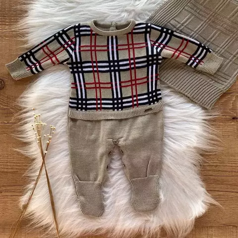 Saída Maternidade Bebê Menino de tricô Bege Xadrez Rolex