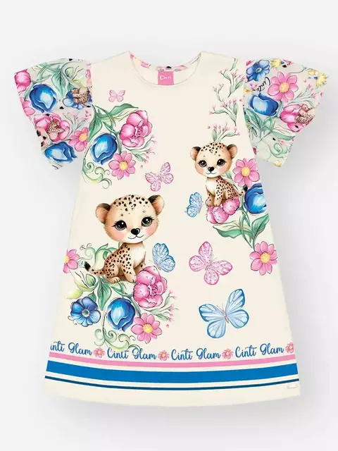 Vestido Infantil Natural Flores Azuis Cinti