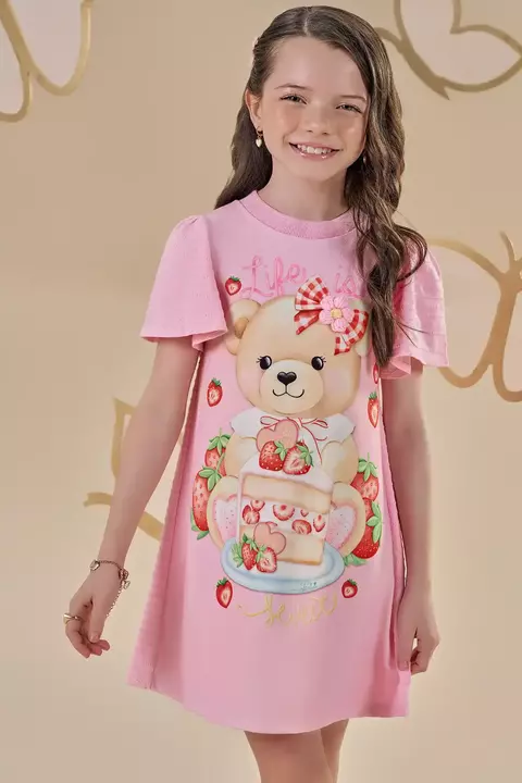 Vestido infantil em Malha Ursa Morango Rosa Infanti