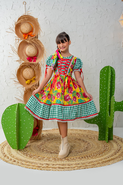 Vestido Junino Infantil Xadrez Amarelo com Floral | Look para Quadrilha | Rodado, Fofo e Confortável