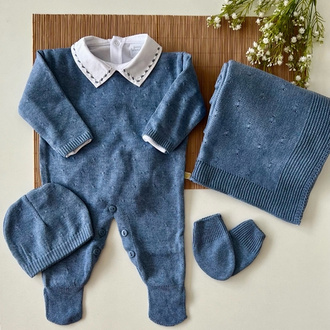 Kit Saida Maternidade Bebê Menino de tricô Completa Azul Jeans