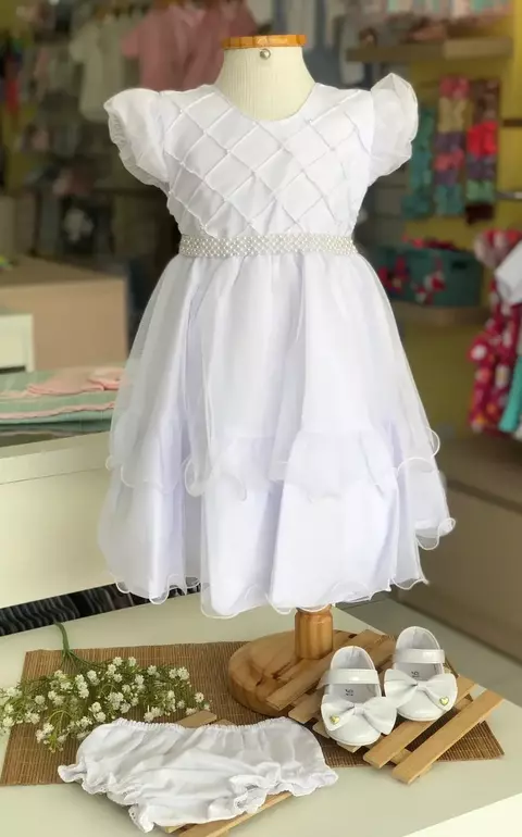 Vestido de Festa Infantil Branco Batizado Cinto Pérolas - comprar online