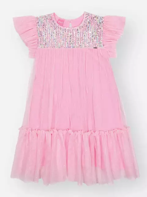Vestido Infantil Luxo Tule Rosa Lantejoulas Cinti
