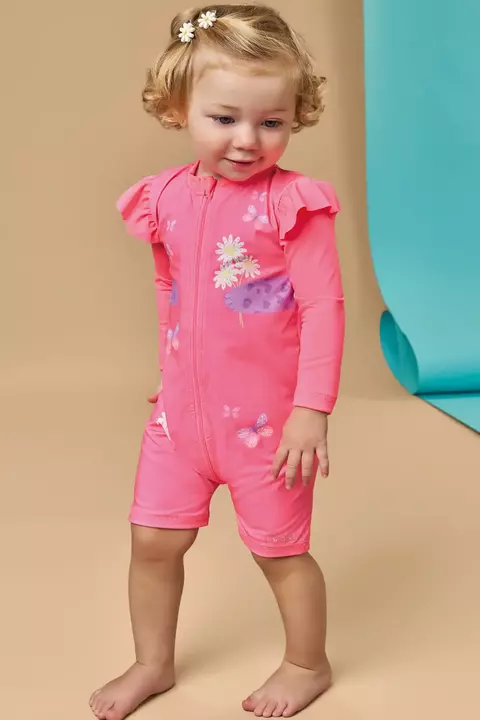 Macacão Infantil em Malha UV Proteção 50+ Rosa Neon