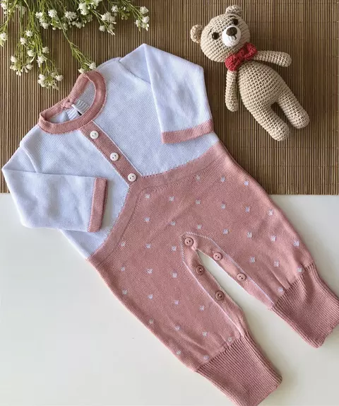 Macacão de Tricô Botão Rose com Branco - comprar online