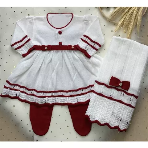 Saída de Maternidade de Tricô Sofia Branca com Vermelho - comprar online