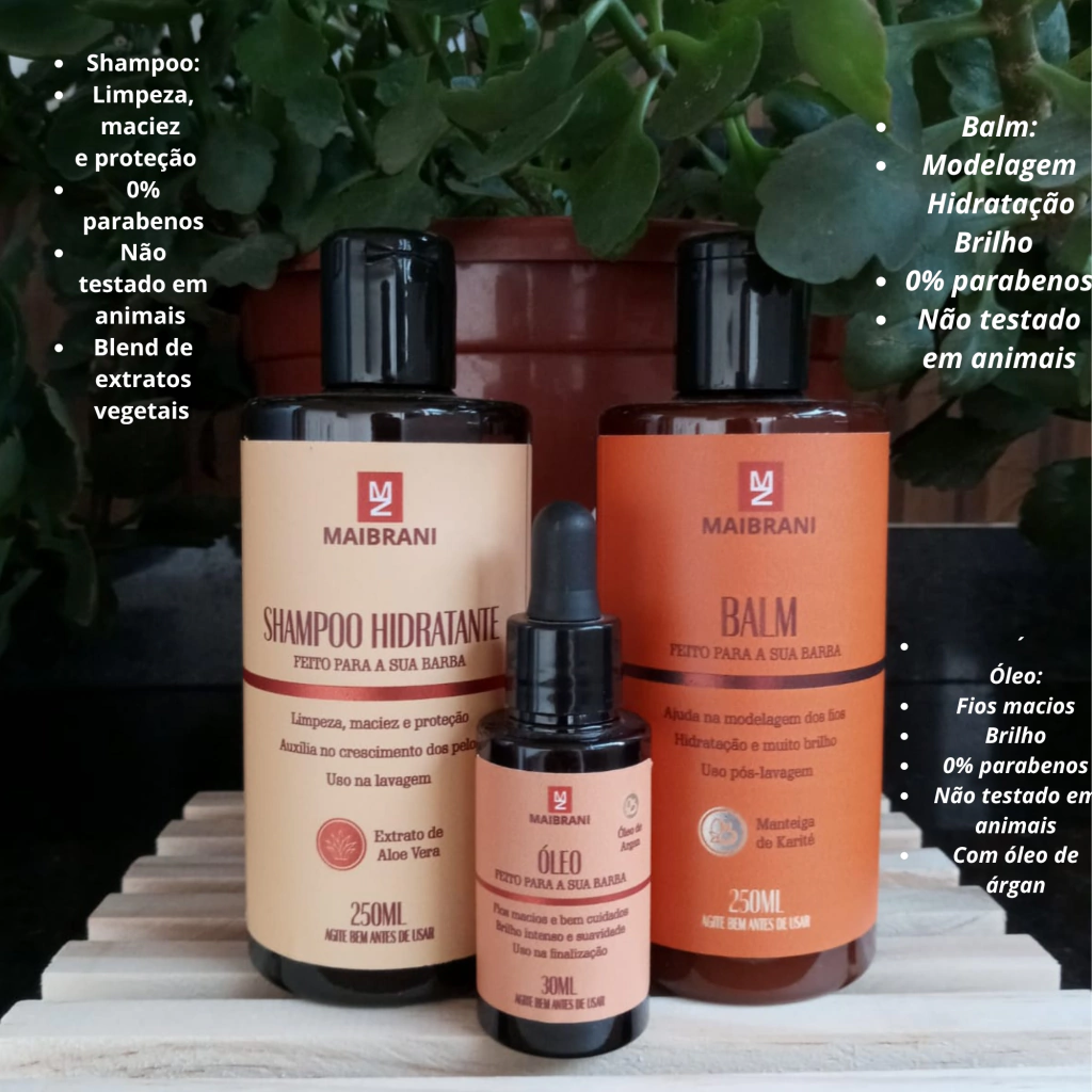 Kit Hidratante Barba (shampoo 250ml, Balm 250ml, Óleo 30ml)