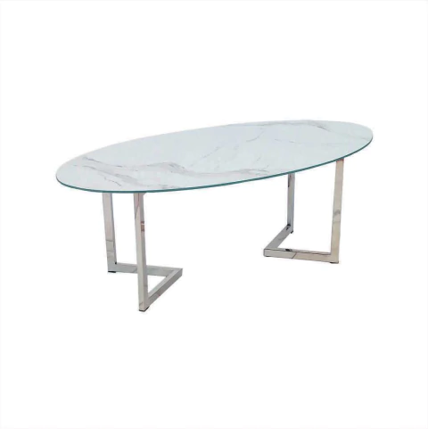 Mesa Ratona Oval Vidrio Simil Marmol Base Acero Inoxidable