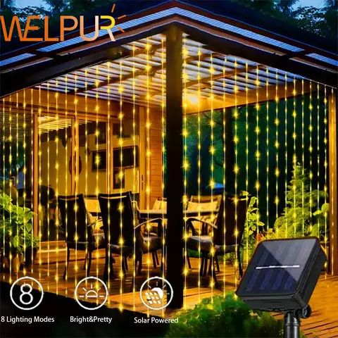 Cortina Solar com 300 LEDs – Luzes de Fada Cachoeira para Jardim e Decoração Natal