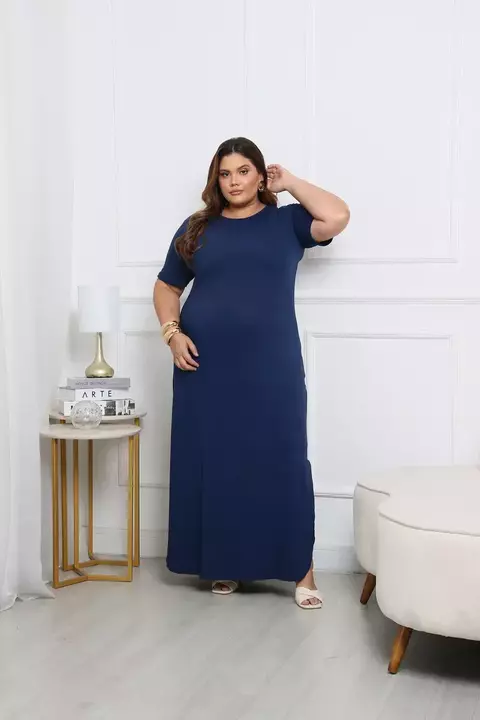 Vestido Longo Liso em Mangas Curtas com Fendas Laterais