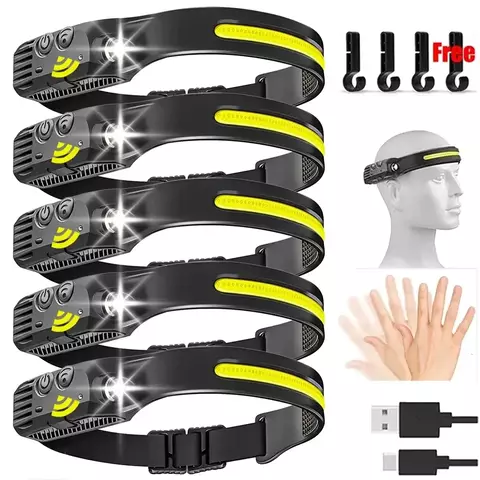 Usb recarregável led sensor farol cob cabeça tocha luz de trabalho à prova à pro