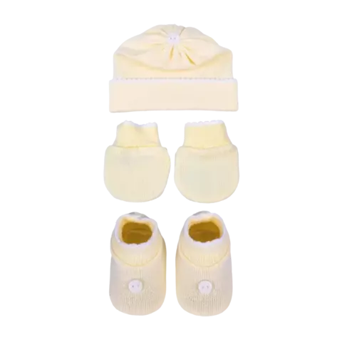 Kit 3 Peças (Touca, Luva e Sapatinhos) Unissex Amarelo/Branco