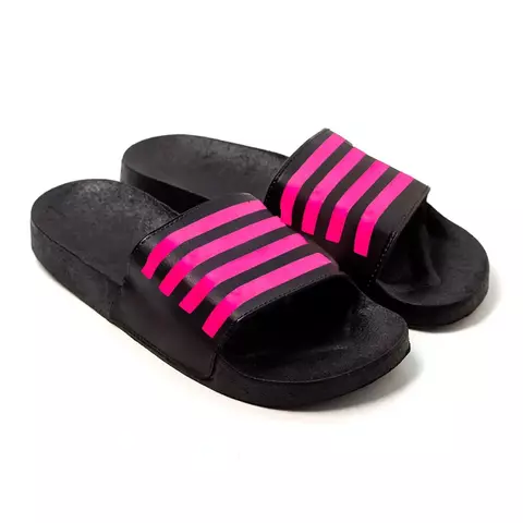 Chinelo Slide Feminino Listras Preto Pink