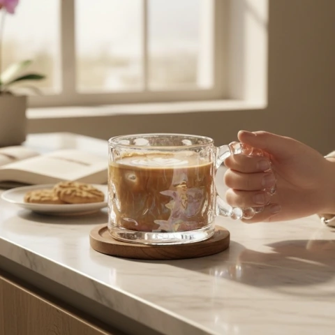 Taza viral de vidrio tornasolado con asa burbujas